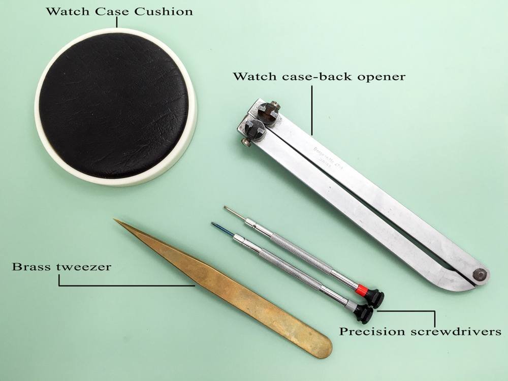 Tools used to properly replace a battery in a Tag Heuer watch