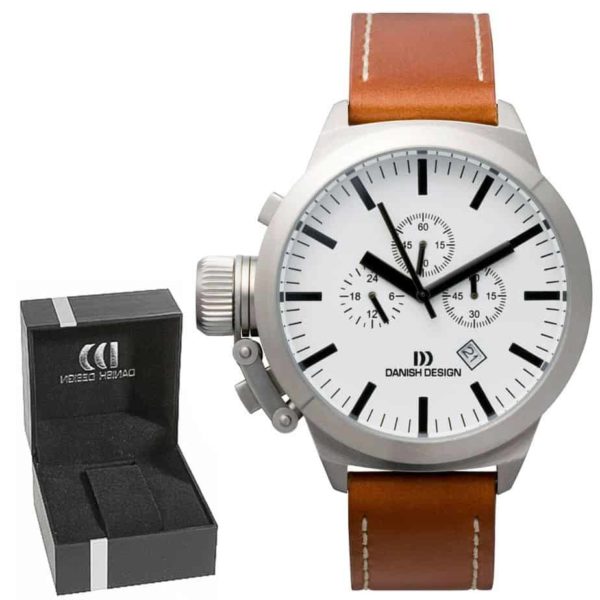 Danish Design Men's Extra-Large White-Dial Stainless Steel Chronograph With Contrast Stitched Brown Leather Strap (IQ12Q888)