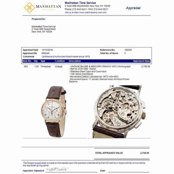 Baume Mercier Appraised value in the current condition $2700