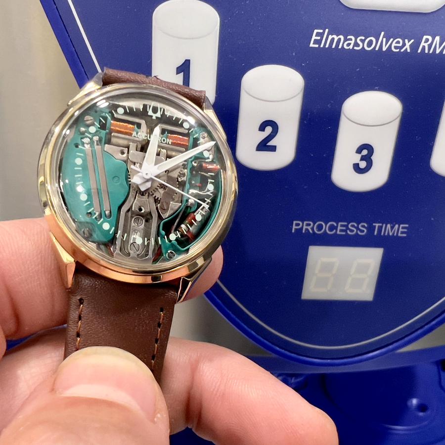 Bulova accutron watch cleaned in an Elma watchmaking machine